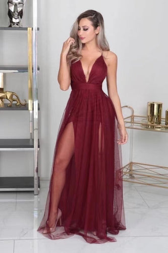 Burgundy V Neck Prom Dresses with Slit Side