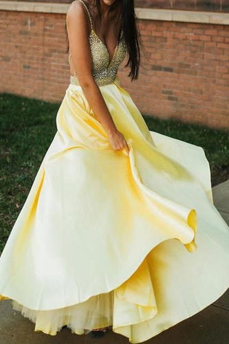 Spaghetti Straps V Neck Prom Dresses Yellow