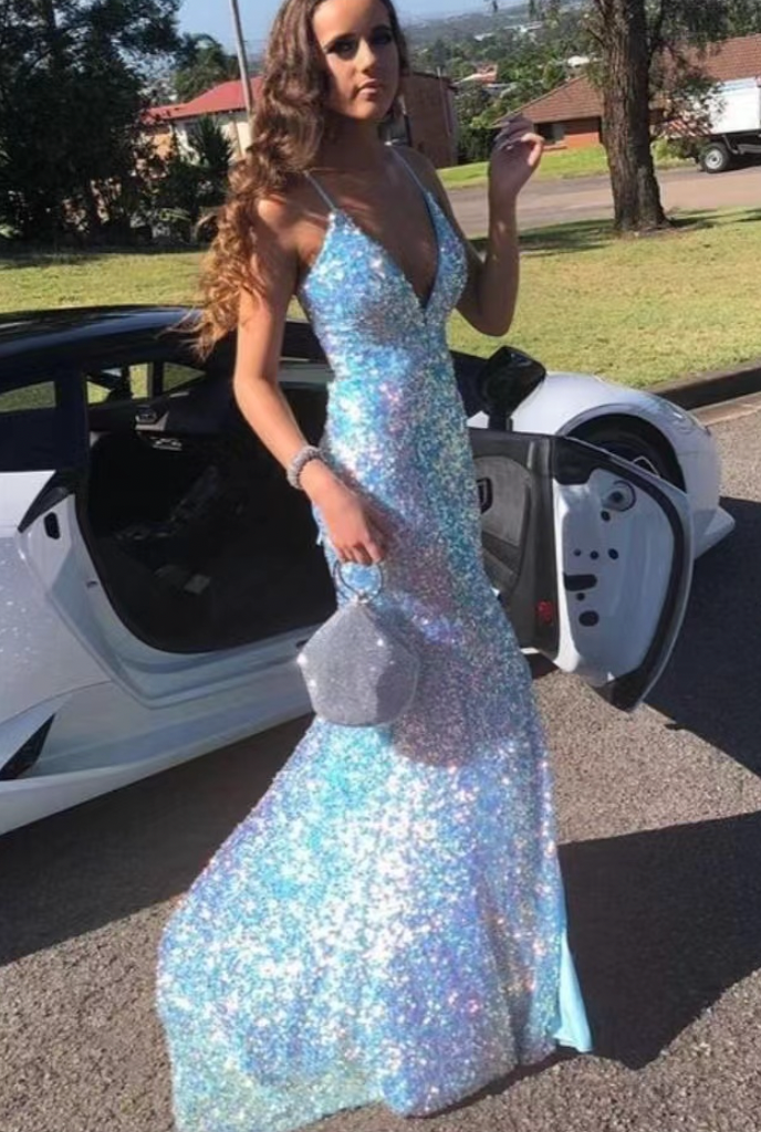 Spaghetti Straps Prom Dresses Sparkly Sequins