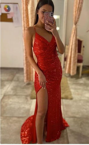 Sparkly Red Prom Dresses Slit Side