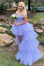 Charger l&#39;image dans la galerie, Sparkly Prom Dresses Hi Low Lavender Spaghetti Straps