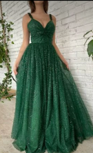 Cargar imagen en el visor de la galería, Sparkly Prom Dresses Green Spaghetti Straps Floor Length