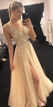 Load image into Gallery viewer, Deep V Neck Tulle Prom Dresses with Beaded Split Side