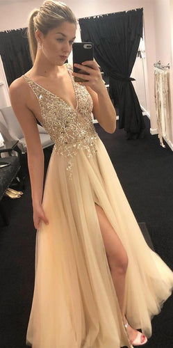 Deep V Neck Tulle Prom Dresses with Beaded Split Side