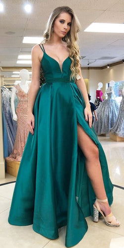 Sexy Spaghetti Straps Split Side Long Prom Dresses with Pockets