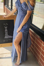 Load image into Gallery viewer, Off the Shoulder Dusty Blue Split Side Bridesmaid Dresses for Wedding
