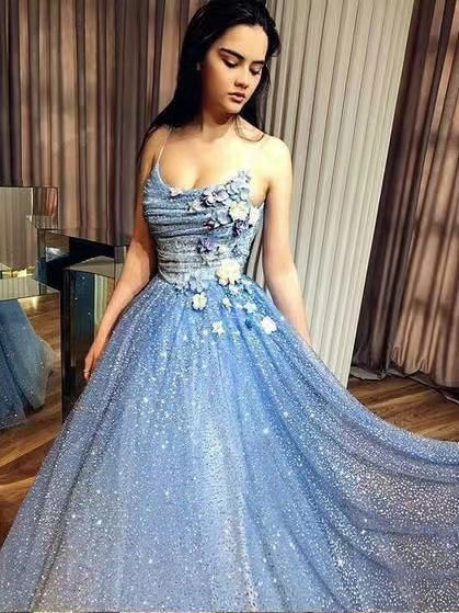 Sparkly Sky Blue Prom Dresses with 3D Flowers