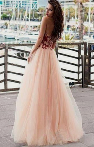 Strapless Prom Dresses Tulle with Lace Appliques