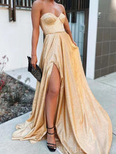 Load image into Gallery viewer, Strapless Slit Side Prom Dresses Sequins