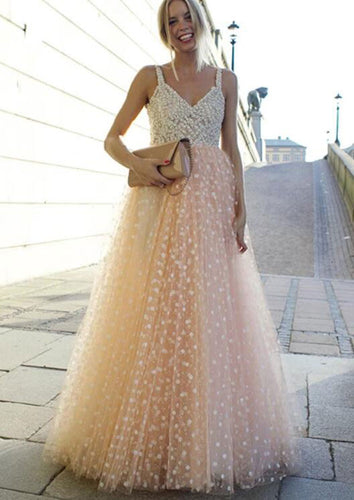Elegant Straps Tulle Prom Dresses with Pearls