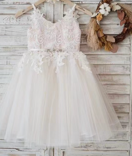 Straps Flower Girl Dresses with Lace Rhinestones