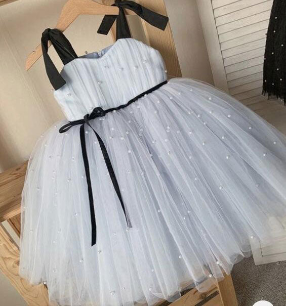 Straps Sky Blue Flower Girl Dresses with Pearls