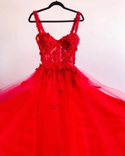 Load image into Gallery viewer, Straps Prom Dresses Tulle with Flowers Appliques