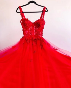 Straps Prom Dresses Tulle with Flowers Appliques