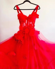 Load image into Gallery viewer, Red Prom Dresses Straps with 3D Flowers