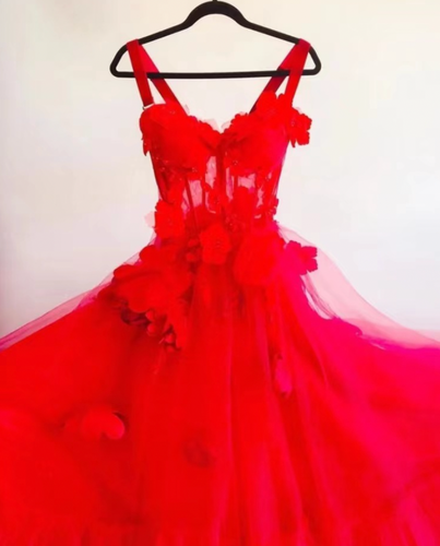 Red Prom Dresses Straps with 3D Flowers