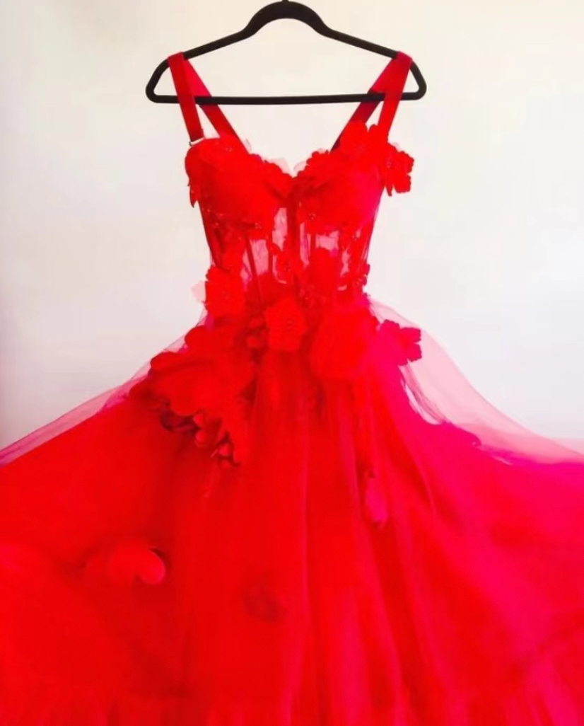 Red Prom Dresses Straps with 3D Flowers