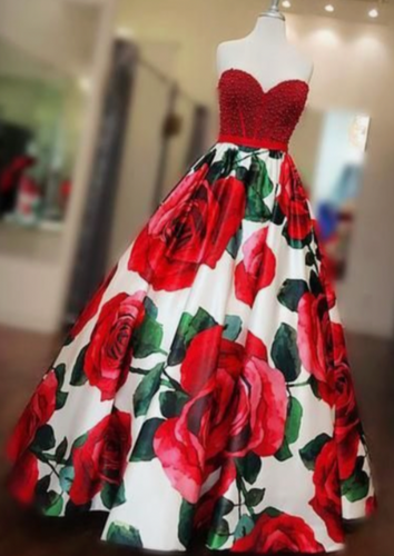 Strapless Floral Prom Dresses Print Evening Gown