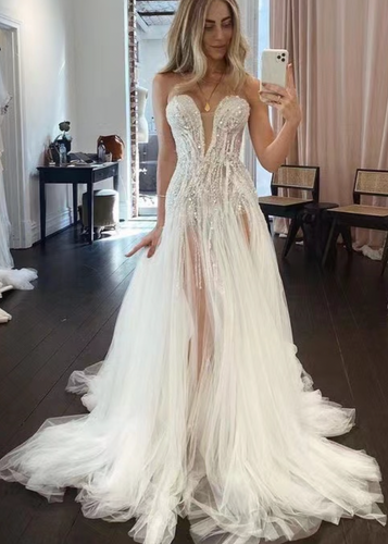 Strapless Wedding Dresses Bridal Gown with Slit Side