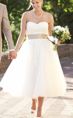 Sweetheart Wedding Dresses Bridal Gown Tea Length with Sash