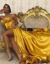 Load image into Gallery viewer, Gold Yellow Slit Prom Dresses under 100
