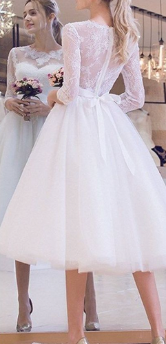 Tea Length Wedding Dresses Bridal Gown with Sleeves