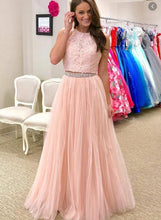 Load image into Gallery viewer, Two Piece Halter Prom Dresses Tulle with Lace