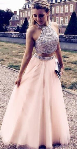 Two Piece Halter Prom Dresses with Rhinestones