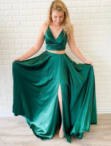 Two Piece Prom Dresses Slit Green