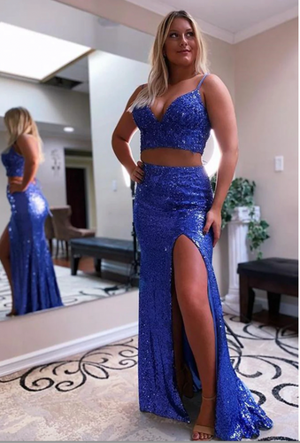 Two Piece Royal Blue Prom Dresses Slit Side