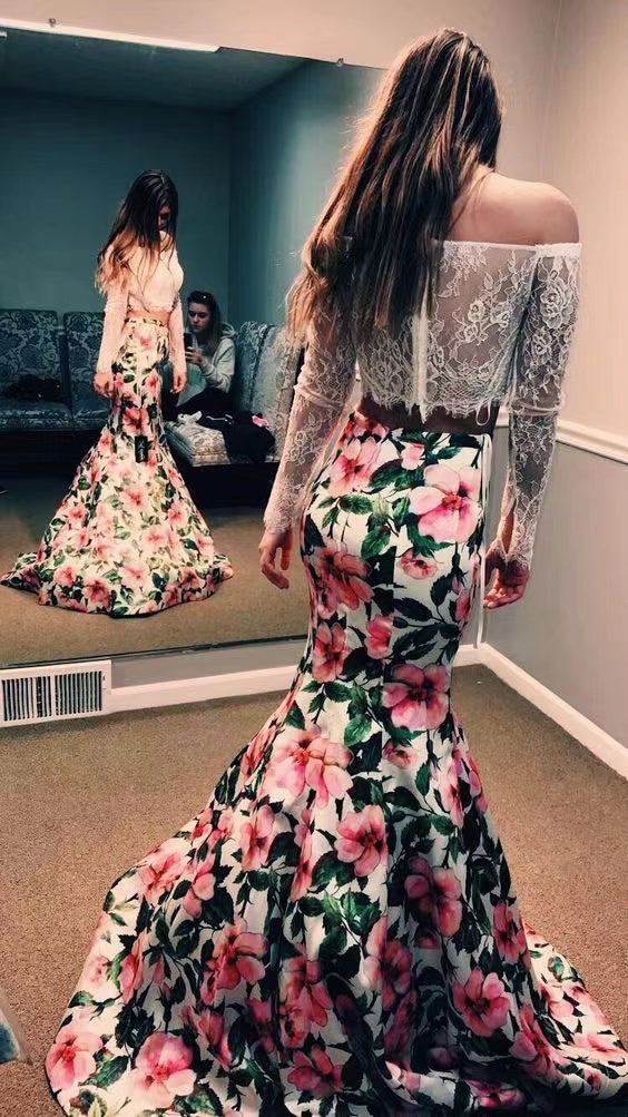 Two Piece Mermaid Prom Dresses Rose Floral