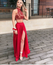 Cargar imagen en el visor de la galería, High Neck Red Two Piece Prom Dresses Slit Side with Rhinestones