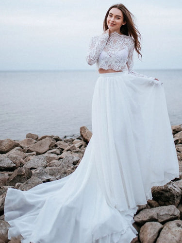 Two Piece Beach Wedding Dresses Bridal Gown Top with Sleeves