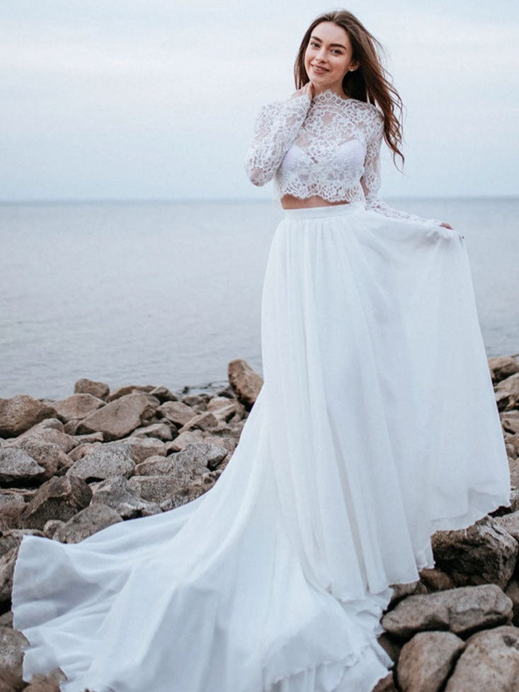 Two Piece Beach Wedding Dresses Bridal Gown Top with Sleeves