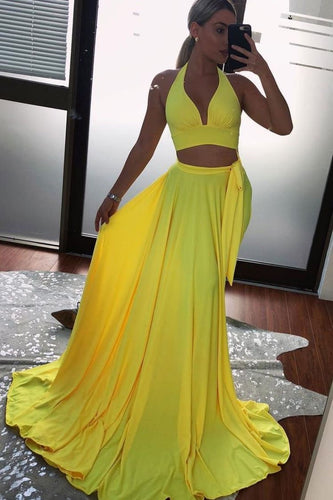 Halter Two Piece Prom Dresses Slit
