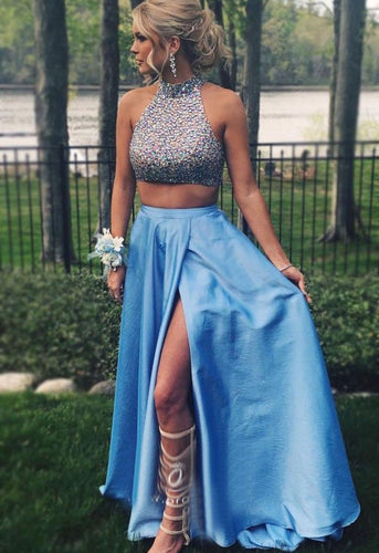 Sky Blue Two Piece Prom Dresses Slit Side with Rhinestones Top