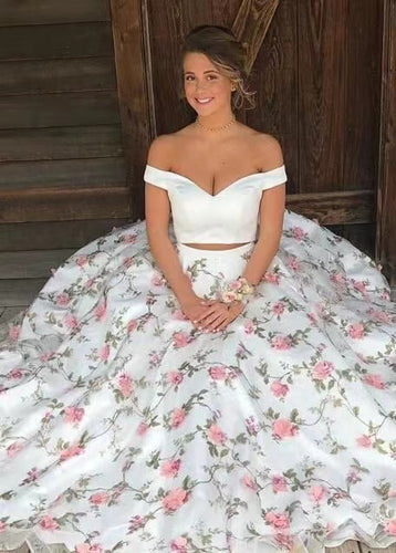 Off Shoulder Two Piece Prom Dresses with 3D Flowers
