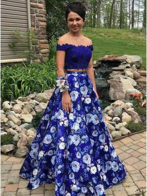 Off Shoulder Prom Dresses Floral Two Piece