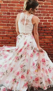 Two Piece Prom Dresses Floral Floor Length