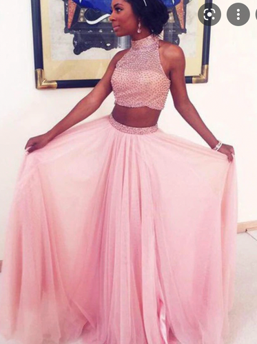 Two Piece Pink Prom Dresses with Beaded