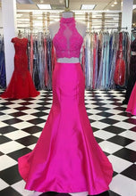 Load image into Gallery viewer, High Neck Fuchsia Prom Dresses with Appliques Lace