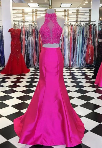 High Neck Fuchsia Prom Dresses with Appliques Lace