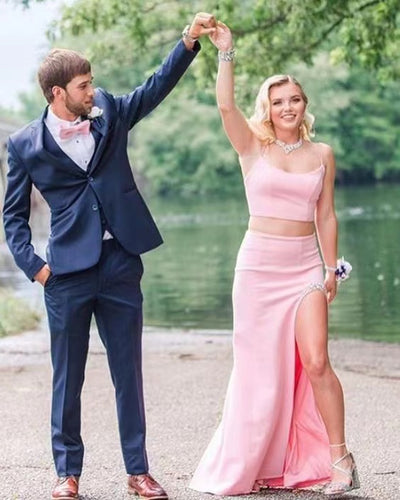 Two Piece Pink Prom Dresses Slit Side with Beaded