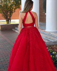 Two Piece Prom Dresses Red High Neck with Appliques Lace