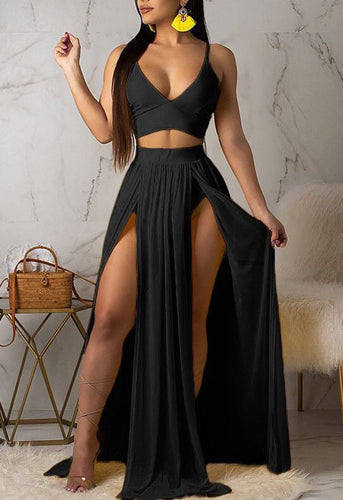 Two Piece Slit Prom Dresses V Neck