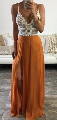 2 Piece Prom Dresses Slit Orange