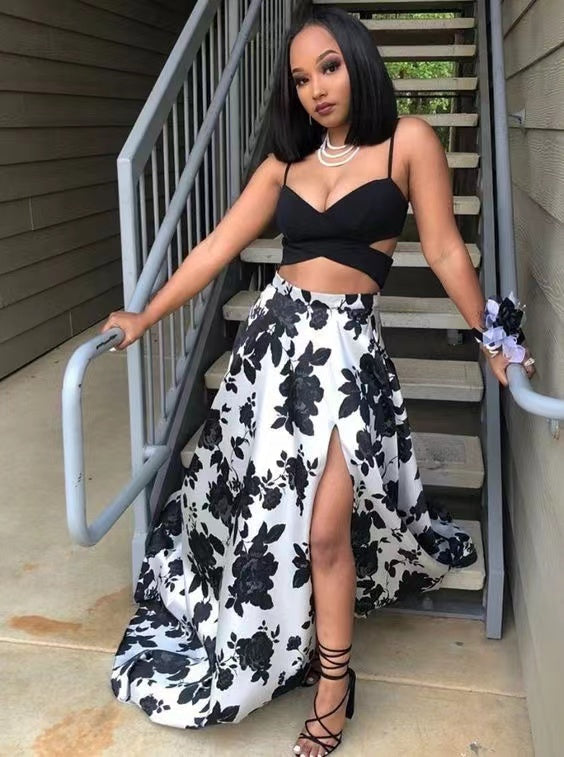 Two Piece Prom Dresses Floral with Slit Side