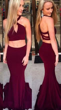Load image into Gallery viewer, Two Piece Wine Prom Dresses Mermaid Floor Length