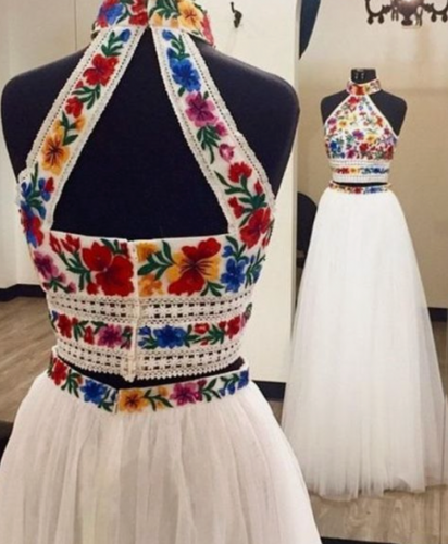 High Neck Prom Dresses Two Piece with Embroidery