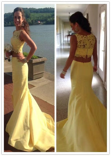 Two Piece Yellow Prom Dresses Top with Lace